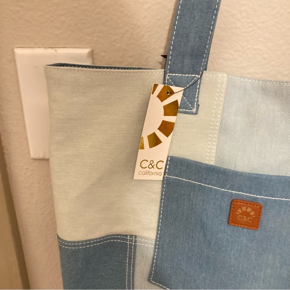 C & C California Denim Patchwork Tote with Pocket - Picture 9 of 11